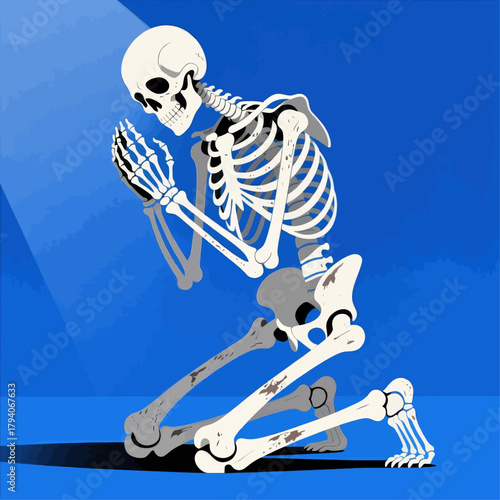 Skeleton kneeling with hands together, vector style, isolated