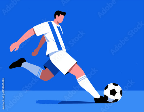 Soccer player kicking ball, minimal flat style, action scene