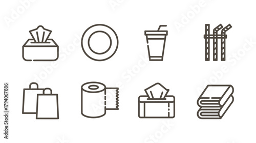 Collection of everyday disposable and reusable household item icons