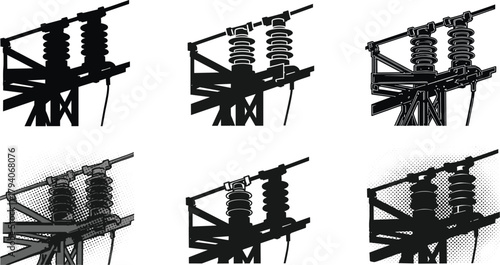 High voltage electrical insulator vector set featuring transmission tower components, utility power line hardware, energy grid infrastructure illustration collection, detailed silhouettes