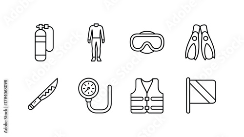 Collection of hand drawn scuba diving equipment icons