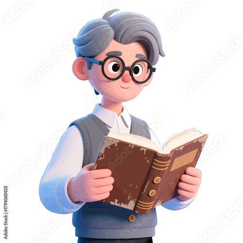 Studious Elderly Man Reading an Old Book