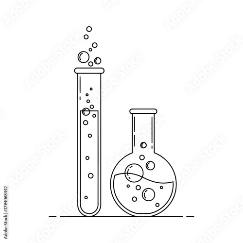 Two laboratory flasks, a test tube and a roundbottom flask, filled with liquid and bubbles