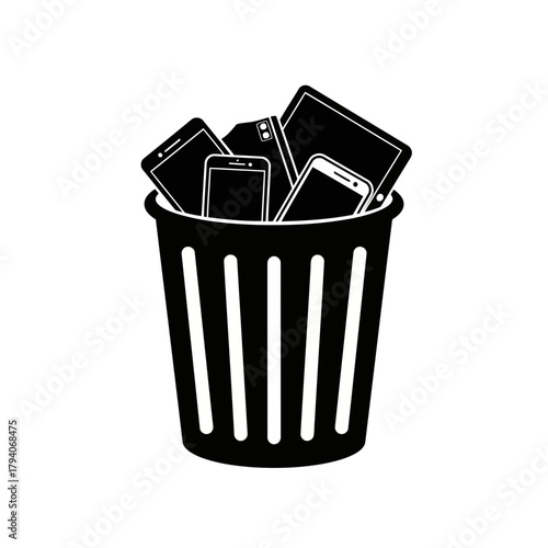 Illustration of a trash can filled with old smartphones and tablets, symbolizing electronic waste and obsolescence