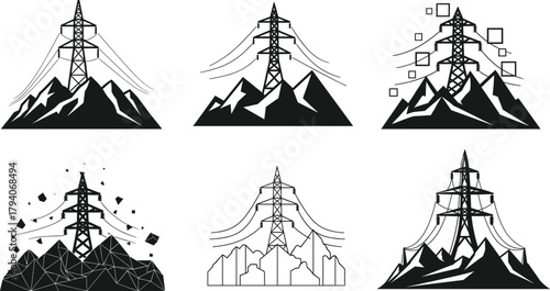 High voltage power tower silhouettes with mountain landscape, electricity pylon vector illustration set, energy infrastructure design for industrial and engineering projects