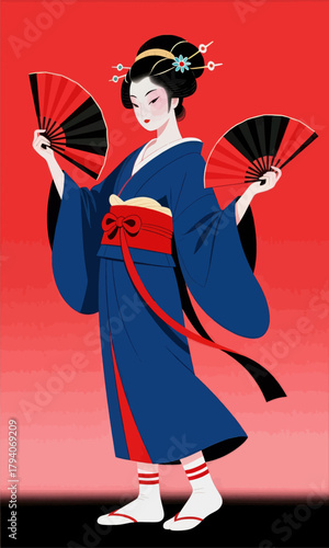 Traditional Japanese dancer in blue kimono holding fans, vector illustration