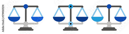 Three Balanced Scales of Justice in Blue and White