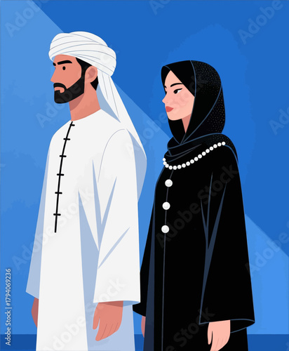 Traditional Emirati couple in modern flat design, standing together