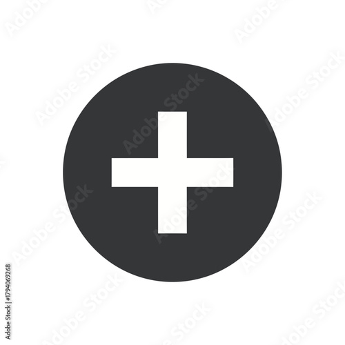 A simple white plus sign symbol inside a dark gray circle, representing addition or a positive symbol