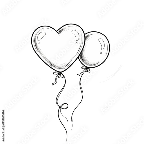 A simple black and white sketch of two balloons, one heartshaped and one round, floating upwards