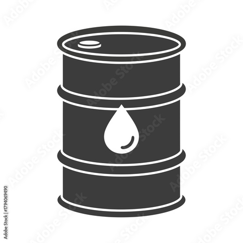 A dark gray icon of a barrel with a white drop of liquid on it, representing oil or other liquid