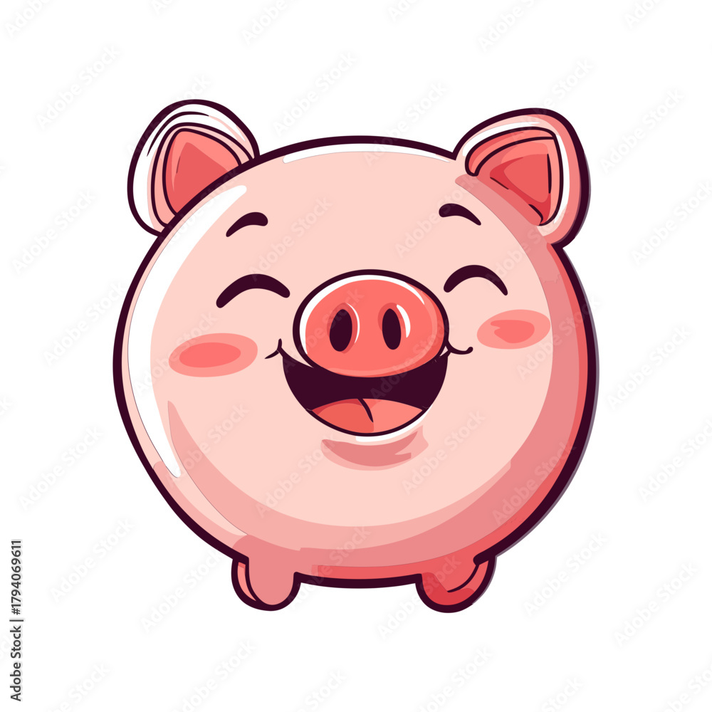 Fototapeta premium Cute, cheerful cartoon pig illustration with a big smile and rosy cheeks, isolated on white. Perfect for finance, savings, farming, or children's blogs/websites.