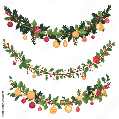 Set of three decorative Christmas garlands with ornaments, berries, and evergreen branches. Use for holidays, event, winter, craft, or seasonal blogs/sites about decoration and celebration.