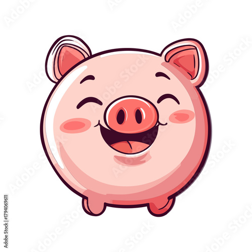 Cute, cheerful cartoon pig illustration with a big smile and rosy cheeks, isolated on white. Perfect for finance, savings, farming, or children's blogs/websites.