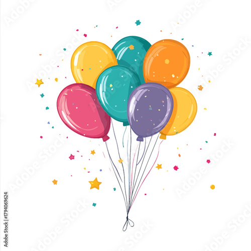 Colorful bunch of balloons floating amidst confetti and stars on a white background. Perfect for blogs on parties, birthdays, celebrations, holidays, event planning, and fun family activities.
