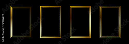 Gold thin rectangle frame set. Shining golden square borders in art deco style. Thin linear rectangular cadre collection. Vector yellow glowing shiny boarder element pack for tarot card, photo, poster