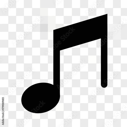 A simple black musical eighth note symbol on a transparent background, representing music and sound