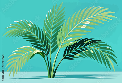 Tropical palm plant, vibrant green leaves, isolated on blue background