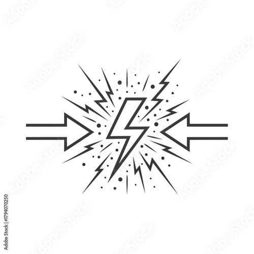 Abstract illustration of two opposing arrows meeting with a lightning bolt and sparks in the center