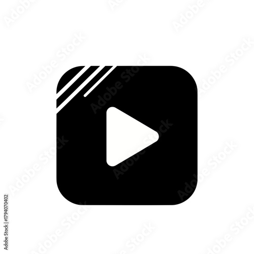 Modern black play button icon with white triangle on a rounded square background, representing media playback and digital content
