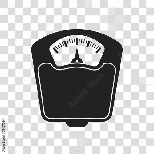 Black silhouette of a bathroom scale with a dial and needle, representing weight measurement and health