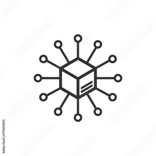 Abstract cube with radiating lines and circles, representing network connection, data, or technology
