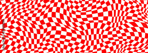 Trippy checkerboard background. Retro psychedelic checkered wallpaper. Wavy groovy chessboard surface. Distorted geometric grid chess pattern. Abstract red and white race flag backdrop. Vector