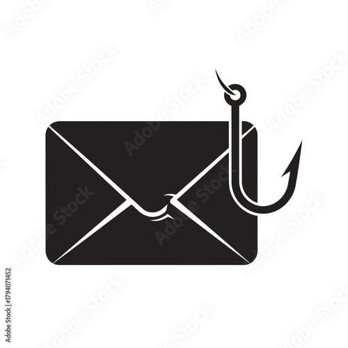Phishing email icon with a hook, representing cyber security threat and online scam