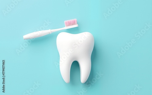 A white toothbrush brushing a large white tooth against a light blue background, concept for dental hygiene, oral care, and healthcare advertising. High quality