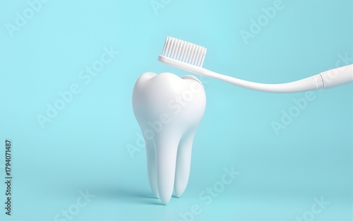 A white toothbrush brushing a large white tooth against a light blue background, concept for dental hygiene, oral care, and healthcare advertising. High quality