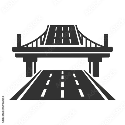Stylized illustration of a suspension bridge with a highway leading to and from it