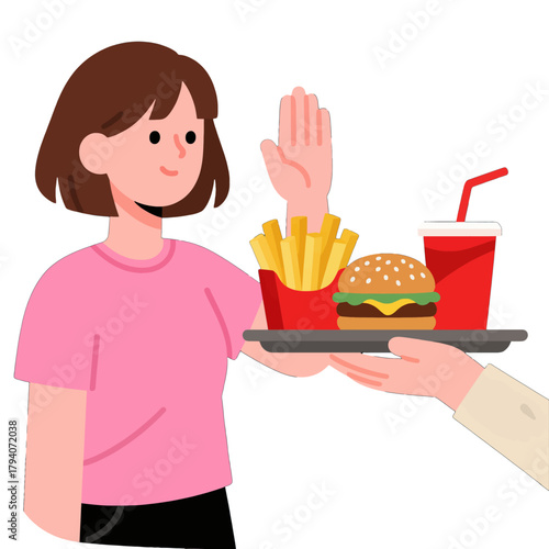 Woman Refusing Fast Food Tray with Burger and Drink