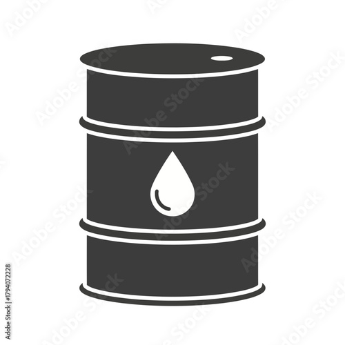 Black oil barrel icon with a white drop symbol representing liquid or fuel, isolated on a