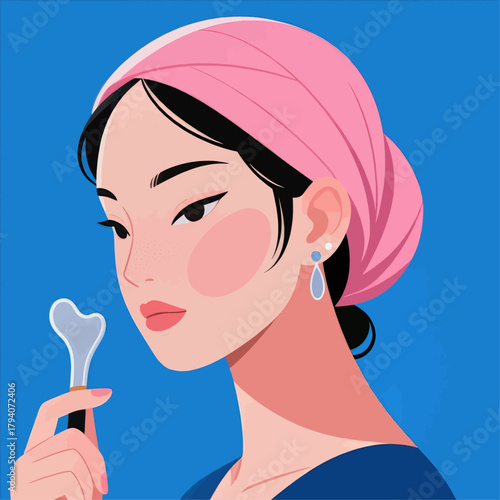 Woman using Gua Sha tool, flat illustration, beauty skincare concept