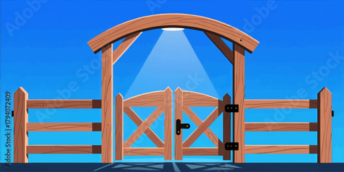 Wooden garden gate in a fence, rustic style, vector illustration