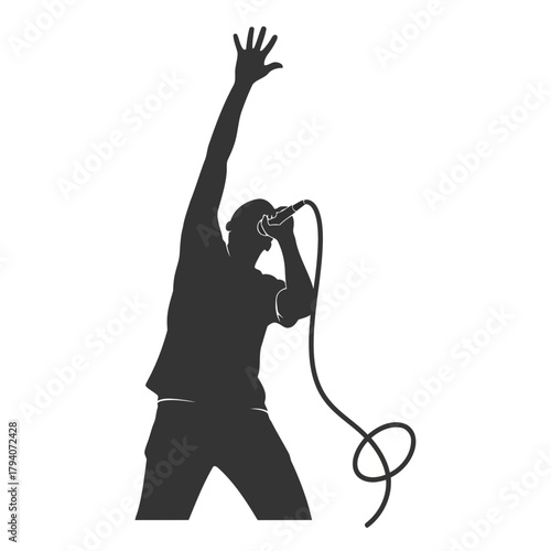 Silhouette of a male singer performing with a microphone and one arm raised in a dynamic pose