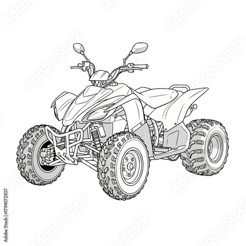 A detailed line drawing of a sporty atv quad bike, isolated on a, showcasing its rugged tires and suspension system
