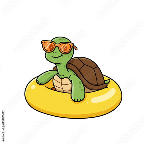 Happy cartoon turtle with sunglasses floating in a yellow swim ring. Isolated vector illustration.