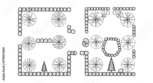 A black and white garden plan illustration showing trees, shrubs, and hedges in a formal arrangement.