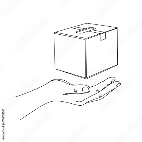 Line art illustration of a hand holding a closed cardboard box