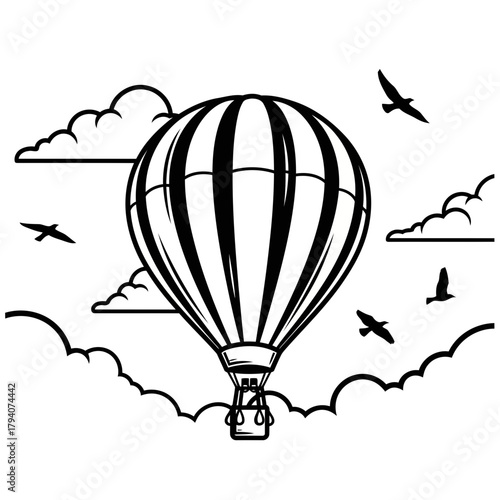 A black and white illustration of a hot air balloon floating in the sky amidst clouds and birds