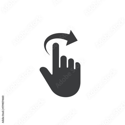 A dark gray icon of a hand with a curved arrow indicating a swipe gesture