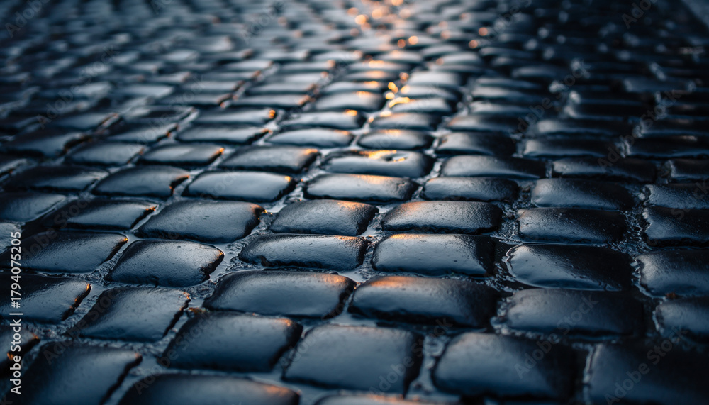 Fototapeta premium Wet cobblestone street reflecting warm light at dusk