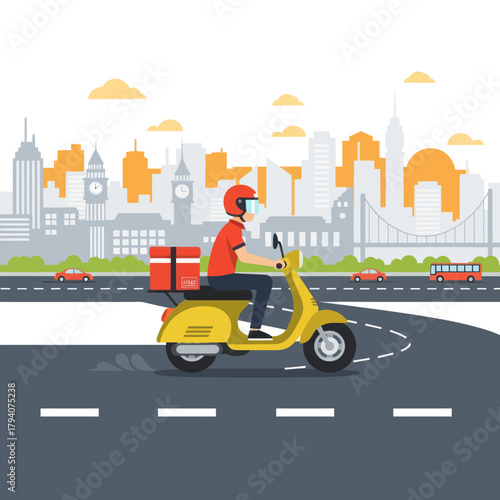 A delivery driver in a red uniform and helmet rides a yellow scooter on a city road.