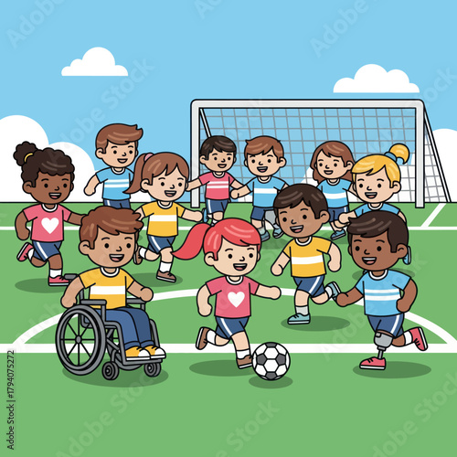 A diverse and inclusive group of happy children playing soccer on a field, including kids with disabilities.