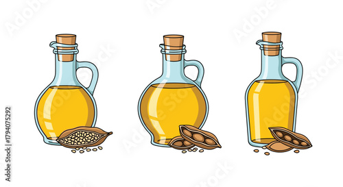 Three artistic illustrations featuring glass bottles of golden sesame oil, accompanied by various open sesame pods and scattered seeds.