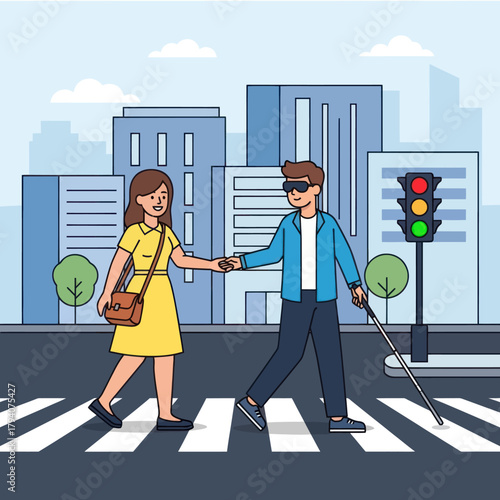A helpful woman guides a blind man with a white cane across a city street on a crosswalk.