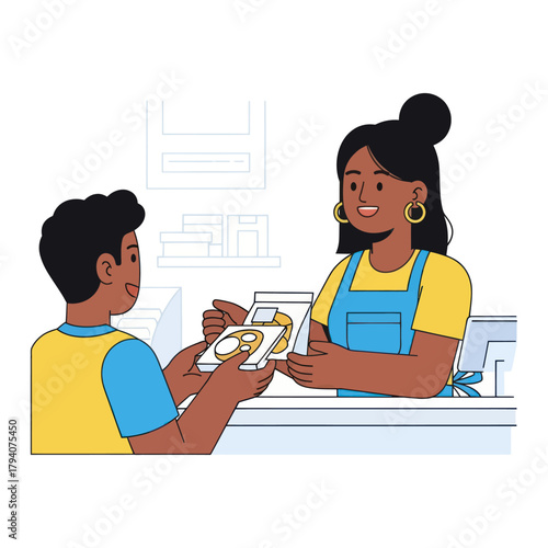A friendly female cashier in an apron serves a young male customer at a store counter illustration.
