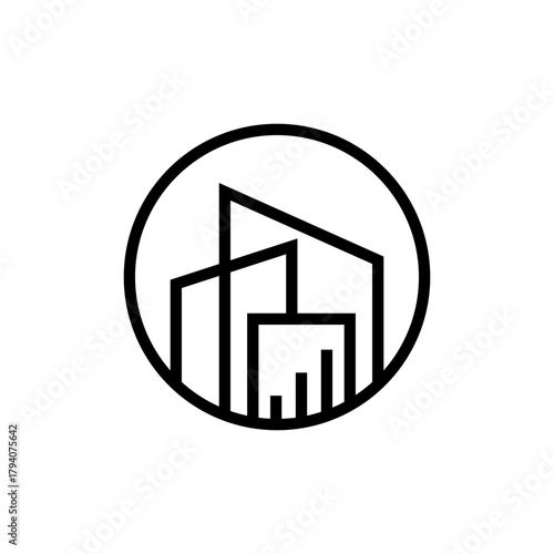A minimalist line art logo featuring abstract buildings within a circular frame, representing urban architecture or real estate.