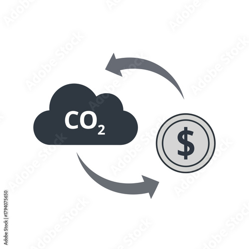 Carbon dioxide emissions represented by a cloud symbol with co2 text and a dollar coin symbol, indicating financial impact of pollution